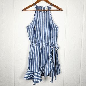 Chambray blue & white hi-neck Sleeveless Ruffle skort romper size Medium